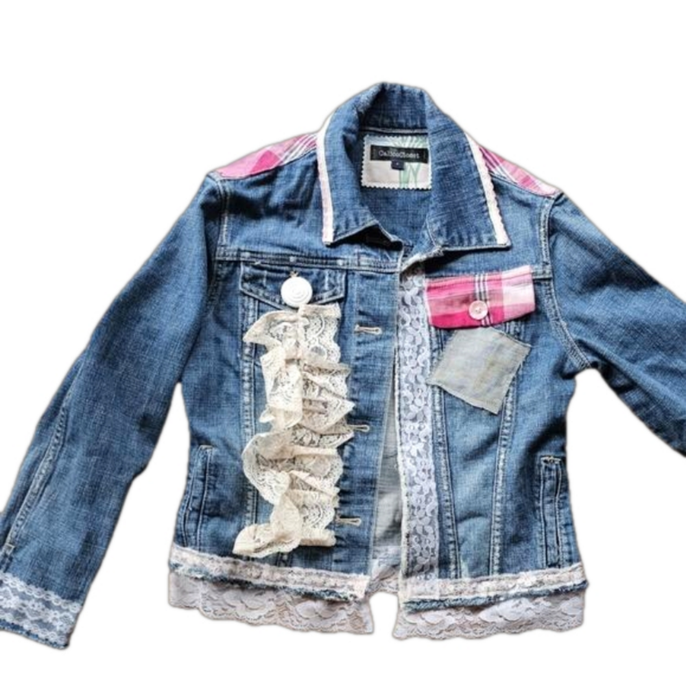 Boho Patchwork Embellished Upcycled Denim Jean jacket Artisan NWT Bohemian - Picture 2 of 9